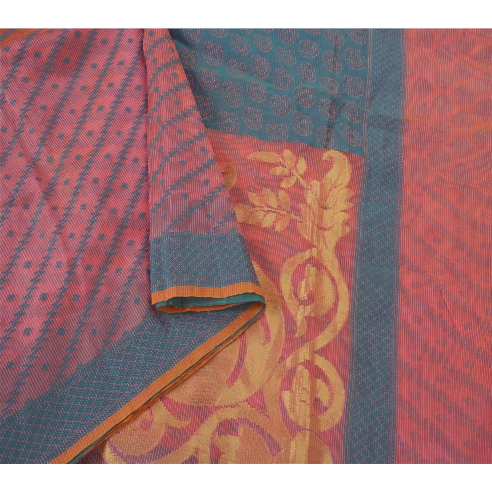 Sanskriti Vintage Pink Sarees Blend Silk Woven Craft 5 Yd Fabric Sari Paisley, PS-52307-Pink-Woven Work-Blend Silk-1