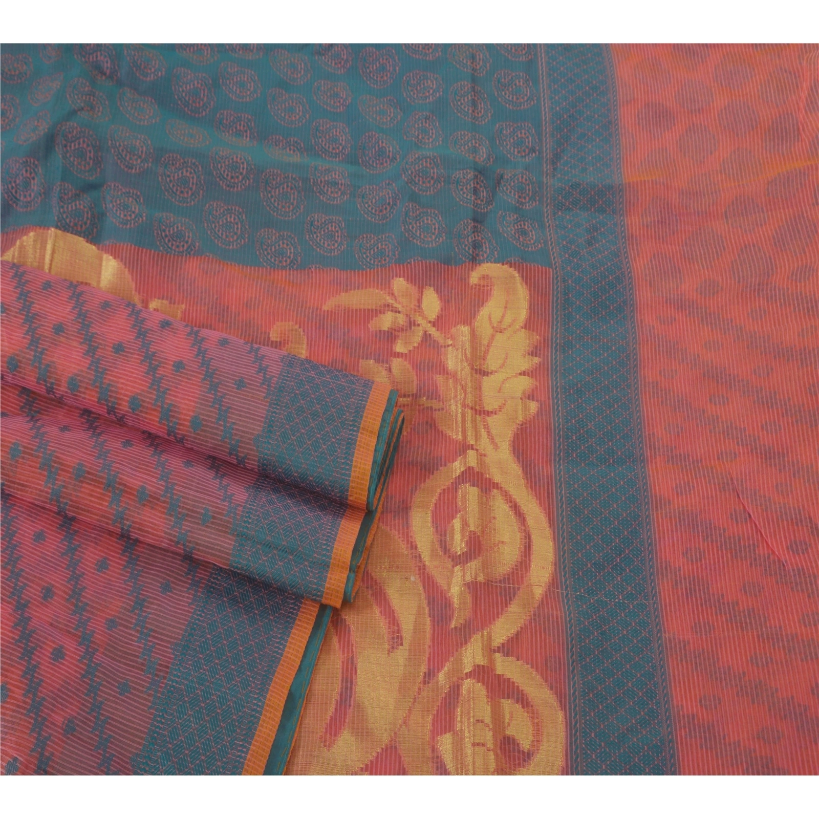 Sanskriti Vintage Pink Sarees Blend Silk Woven Craft 5 Yd Fabric Sari Paisley, PS-52307-Pink-Woven Work-Blend Silk-2