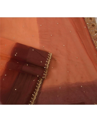 Sanskriti Vintage Orange Net Mesh Hand Beaded Sarees Craft Fabric Antique Sari, PS-52314-Orange-Zari/Zardozi/Dabka Work-Net Mesh-2
