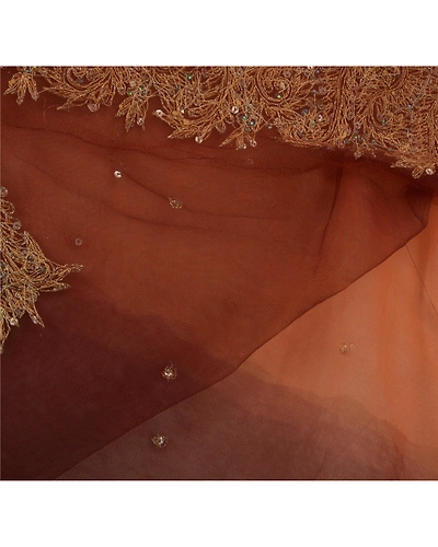 Sanskriti Vintage Orange Net Mesh Hand Beaded Sarees Craft Fabric Antique Sari, PS-52314-Orange-Zari/Zardozi/Dabka Work-Net Mesh-3
