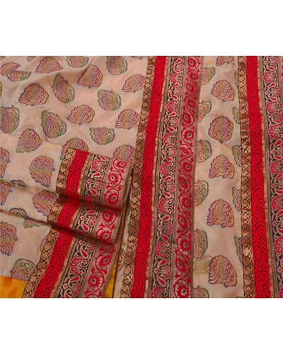Sanskriti Vintage Cream Sarees Art Silk Woven Craft Fabric Cultural Sari Blouse, PS-52322-Cream-Woven Work-Art Silk-2