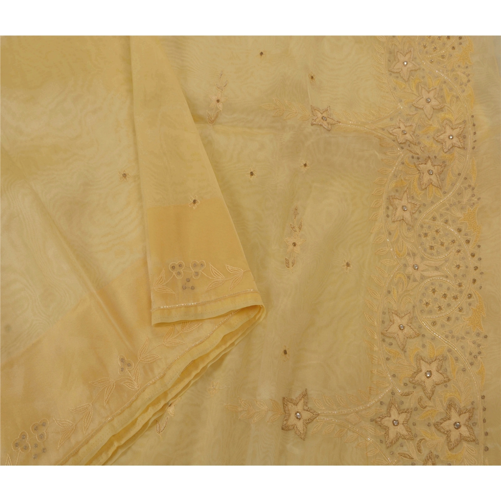 Sanskriti Vintage Cream Sarees Art Silk Hand Beaded Craft Fabric Premium Sari, PS-52350-Cream-Zardozi/Glass Beads Work-Art Silk-1