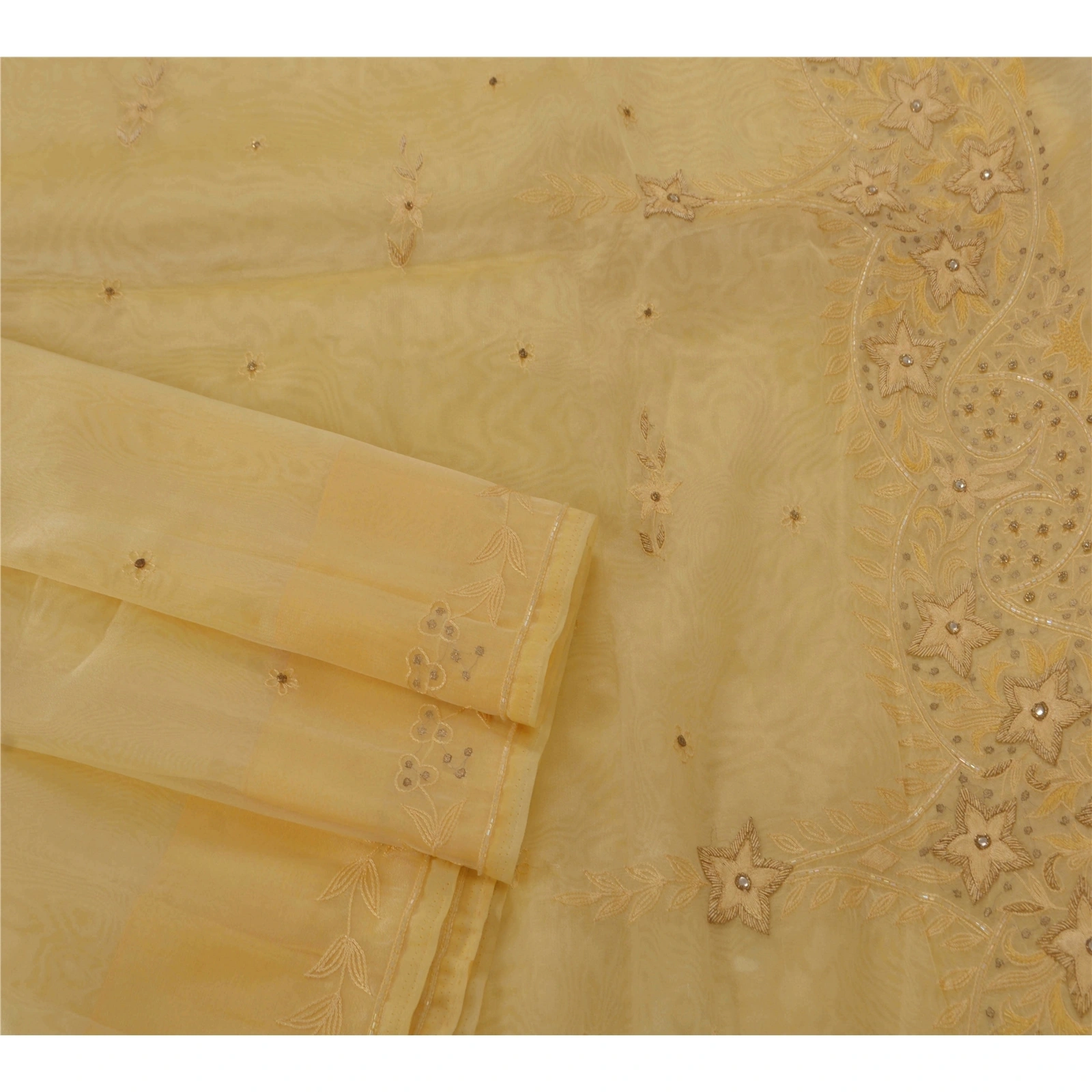 Sanskriti Vintage Cream Sarees Art Silk Hand Beaded Craft Fabric Premium Sari, PS-52350-Cream-Zardozi/Glass Beads Work-Art Silk-2