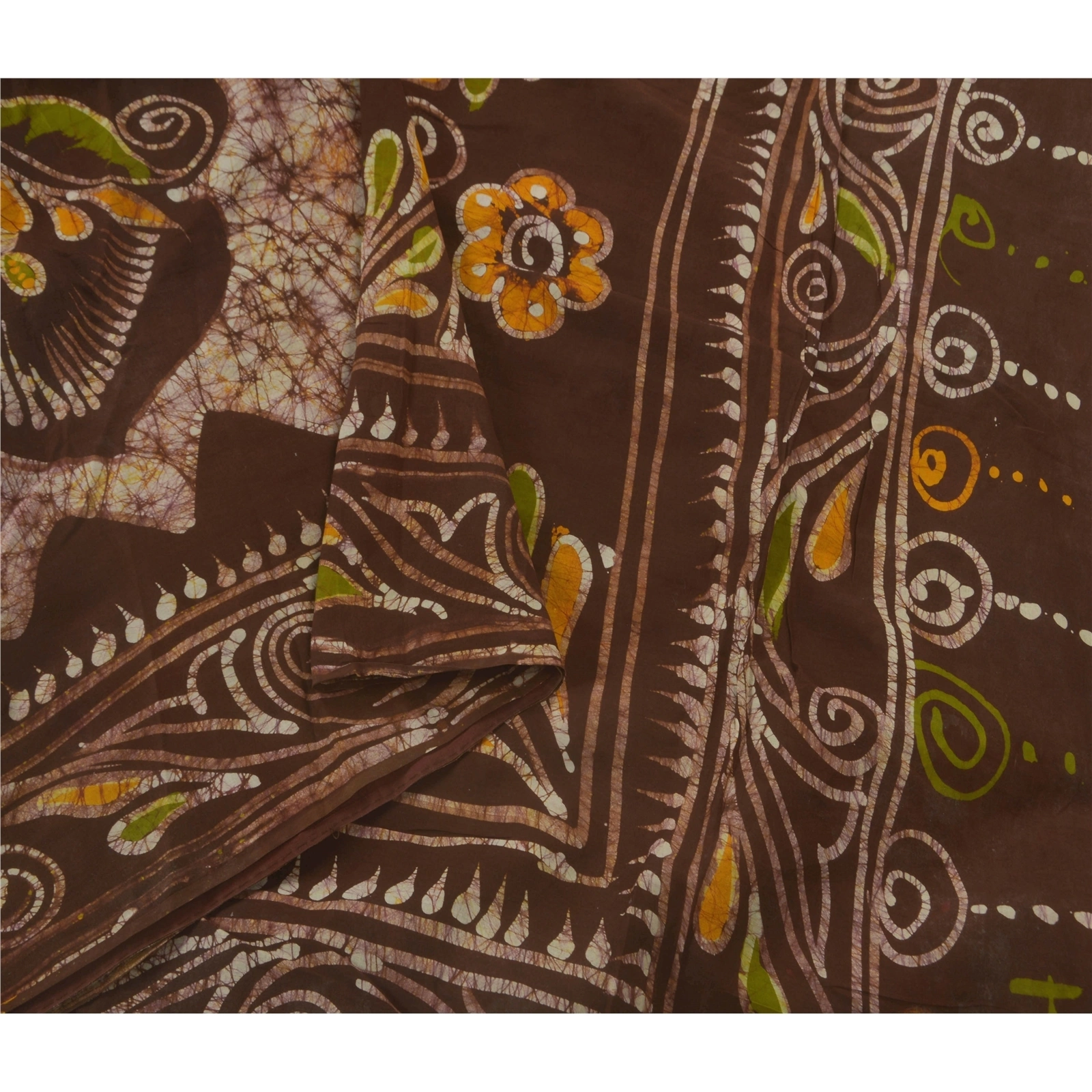 Sanskriti Vintage Brown Sarees Pure Cotton Batik Work Craft Fabric Premium Sari, PS-52405-Brown-Batik Work-100% Pure Cotton-1