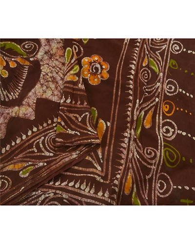 Sanskriti Vintage Brown Sarees Pure Cotton Batik Work Craft Fabric Premium Sari, PS-52405-Brown-Batik Work-100% Pure Cotton-1