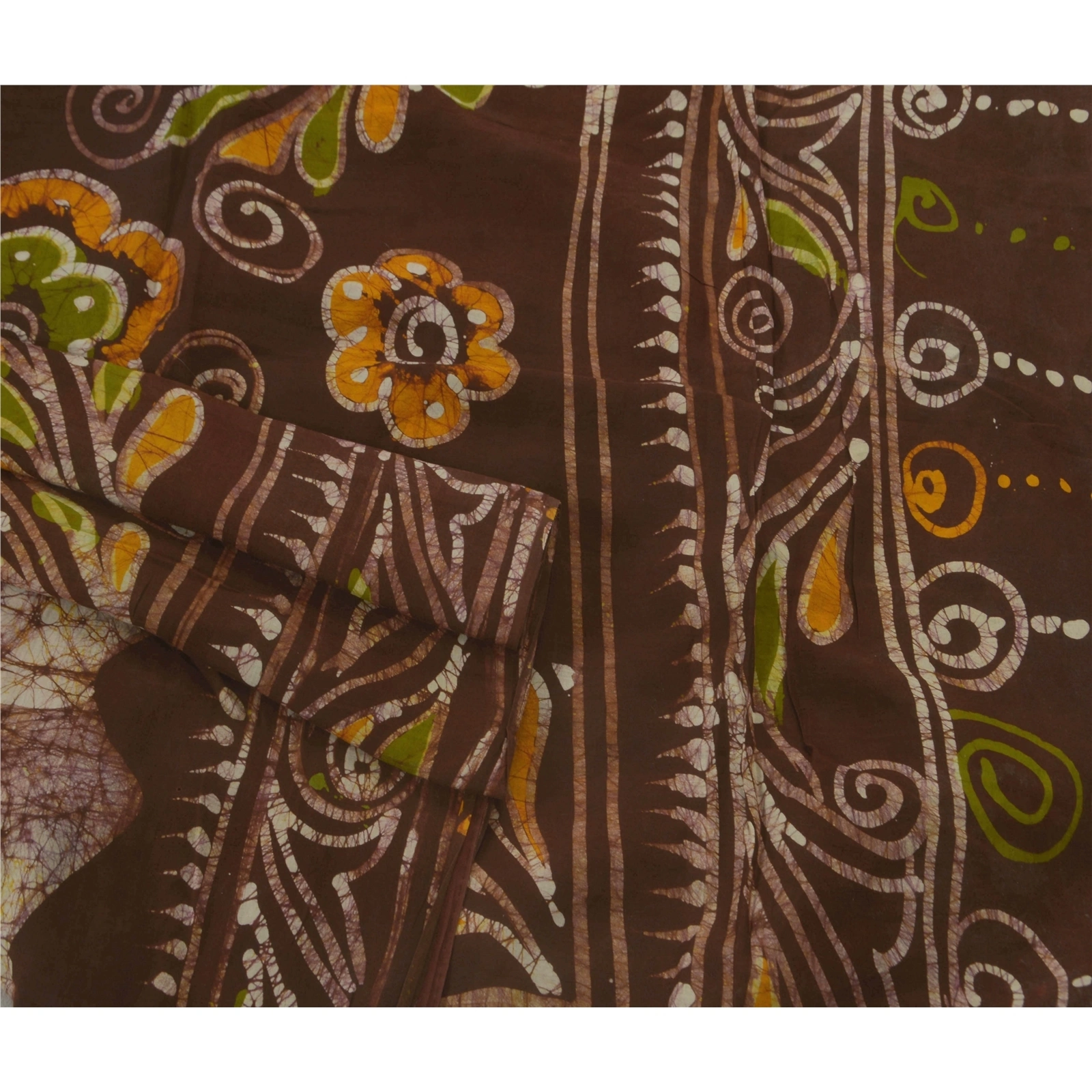 Sanskriti Vintage Brown Sarees Pure Cotton Batik Work Craft Fabric Premium Sari, PS-52405-Brown-Batik Work-100% Pure Cotton-2