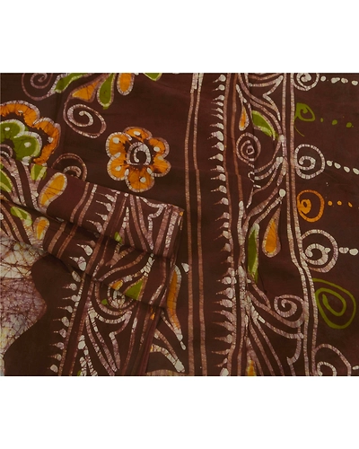 Sanskriti Vintage Brown Sarees Pure Cotton Batik Work Craft Fabric Premium Sari, PS-52405-Brown-Batik Work-100% Pure Cotton-2