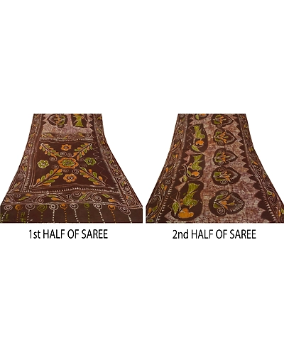 Sanskriti Vintage Brown Sarees Pure Cotton Batik Work Craft Fabric Premium Sari, PS-52405-Brown-Batik Work-100% Pure Cotton-4