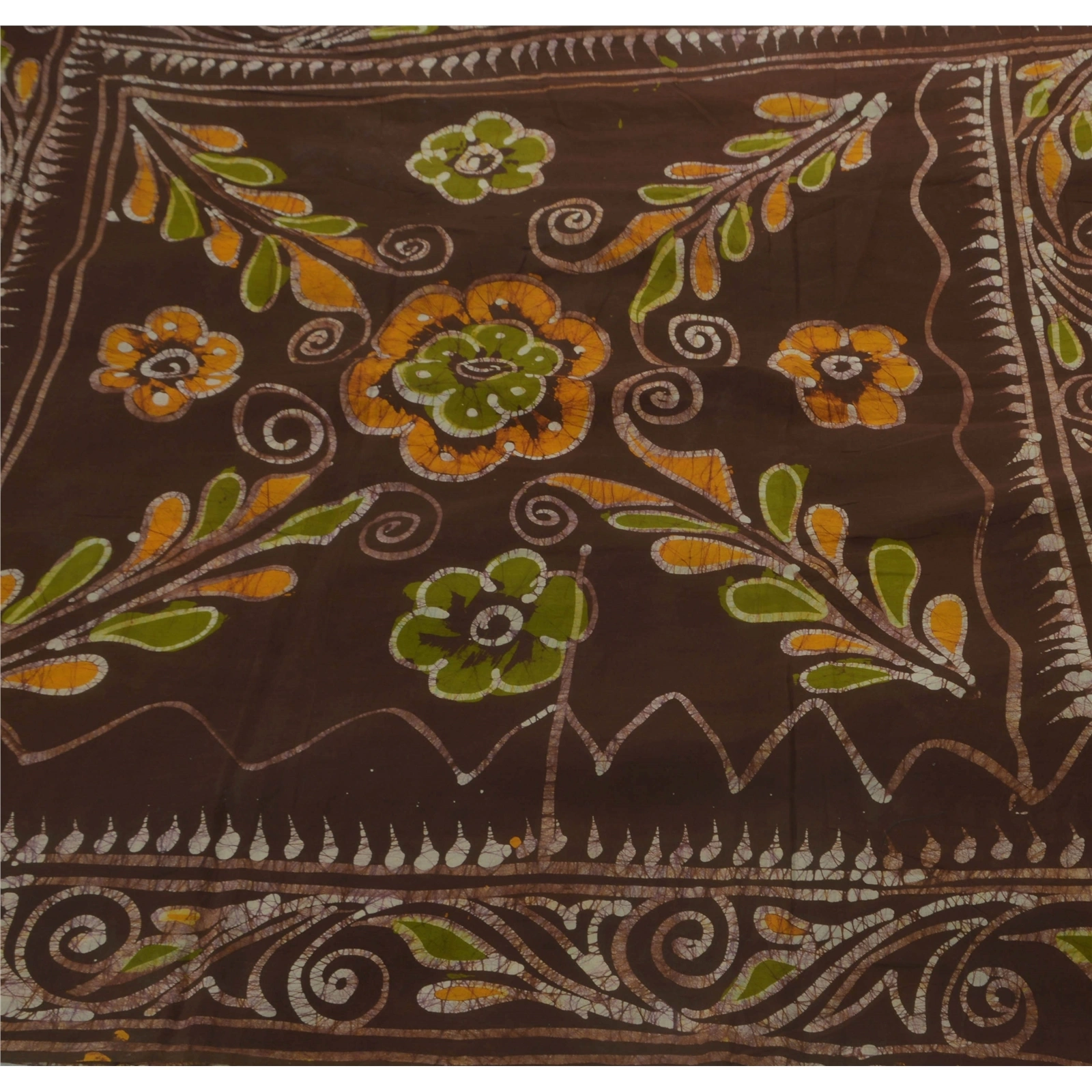 Sanskriti Vintage Brown Sarees Pure Cotton Batik Work Craft Fabric Premium Sari, PS-52405-Brown-Batik Work-100% Pure Cotton-5