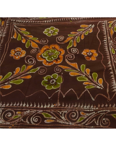 Sanskriti Vintage Brown Sarees Pure Cotton Batik Work Craft Fabric Premium Sari, PS-52405-Brown-Batik Work-100% Pure Cotton-5