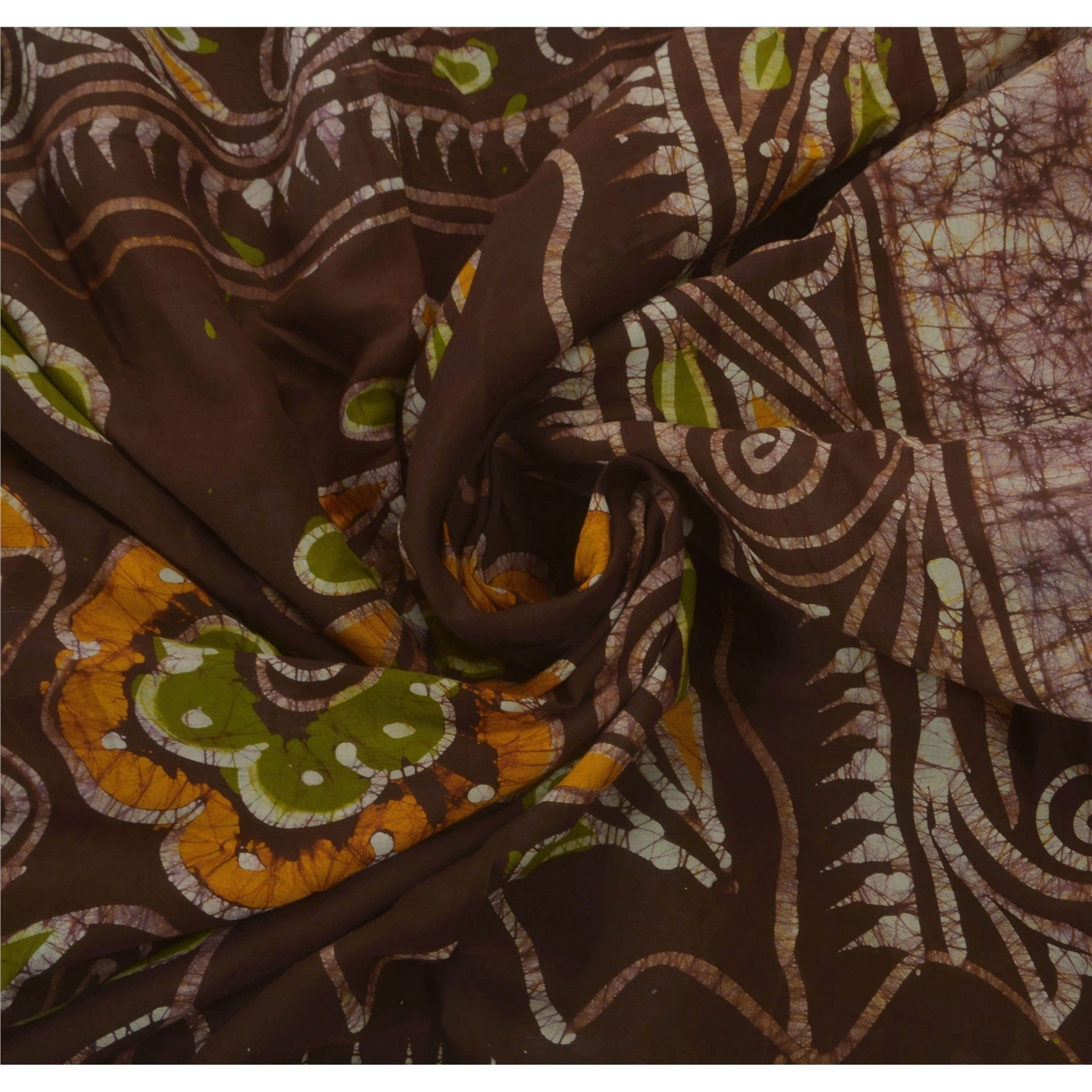 Sanskriti Vintage Brown Sarees Pure Cotton Batik Work Craft Fabric Premium Sari, PS-52405-Brown-Batik Work-100% Pure Cotton-6