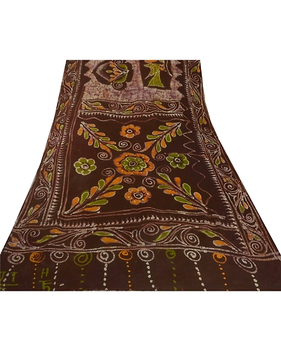 Sanskriti Vintage Brown Sarees Pure Cotton Batik Work Craft Fabric Premium Sari, PS-52405-Brown-Batik Work-100% Pure Cotton-7