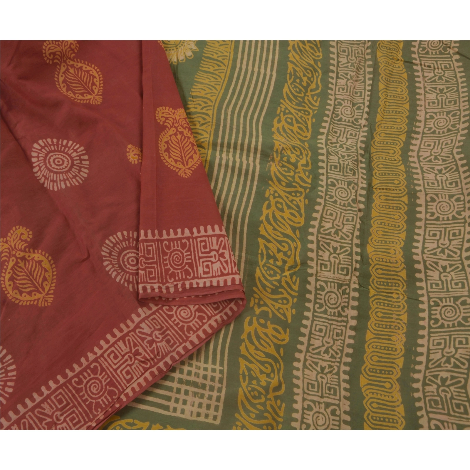 Sanskriti Vintage Red Sarees Pure Cotton Batik Work Sari 5 Yard Craft Fabric, PS-52424-Red-Batik Work-100% Pure Cotton-1