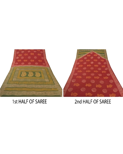 Sanskriti Vintage Red Sarees Pure Cotton Batik Work Sari 5 Yard Craft Fabric, PS-52424-Red-Batik Work-100% Pure Cotton-4