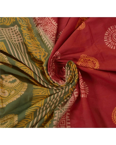 Sanskriti Vintage Red Sarees Pure Cotton Batik Work Sari 5 Yard Craft Fabric, PS-52424-Red-Batik Work-100% Pure Cotton-6