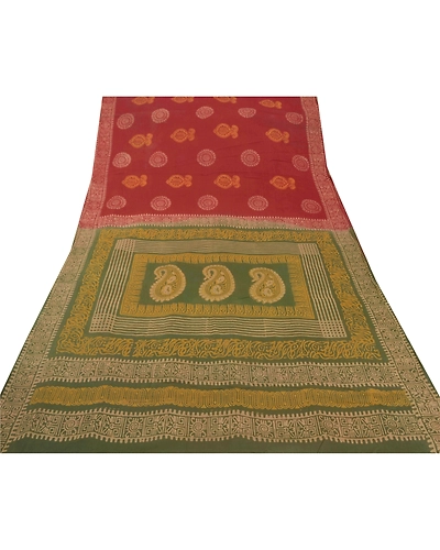 Sanskriti Vintage Red Sarees Pure Cotton Batik Work Sari 5 Yard Craft Fabric, PS-52424-Red-Batik Work-100% Pure Cotton-7