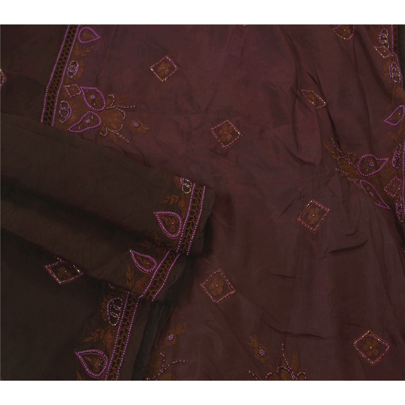 Sanskriti Vintage Brown Sarees Organza Craft 5Yd Fabric Hand Beaded Premium Sari, PS-52437-Brown-Thread/Beads Work-Organza-2