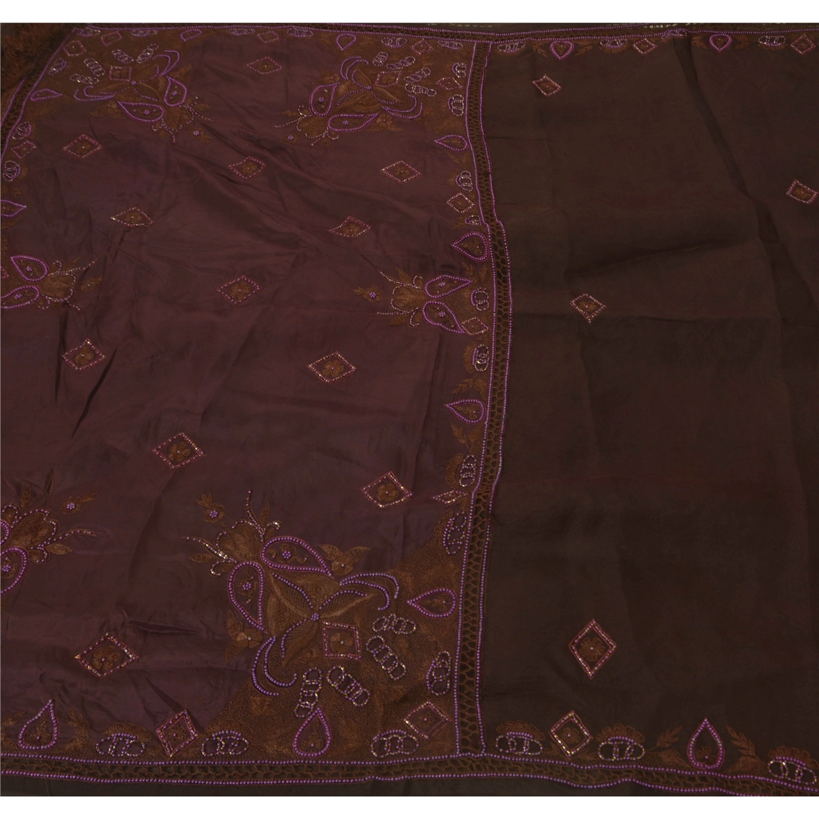 Sanskriti Vintage Brown Sarees Organza Craft 5Yd Fabric Hand Beaded Premium Sari, PS-52437-Brown-Thread/Beads Work-Organza-5