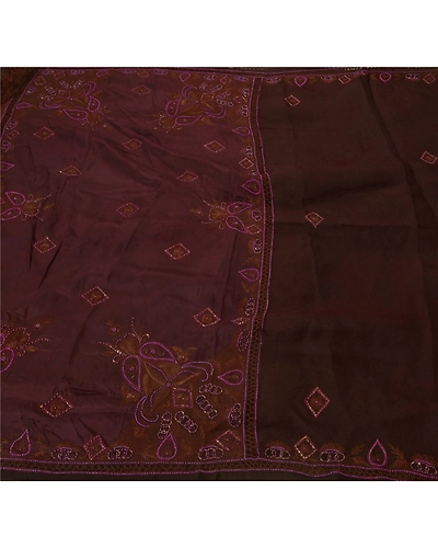 Sanskriti Vintage Brown Sarees Organza Craft 5Yd Fabric Hand Beaded Premium Sari, PS-52437-Brown-Thread/Beads Work-Organza-5