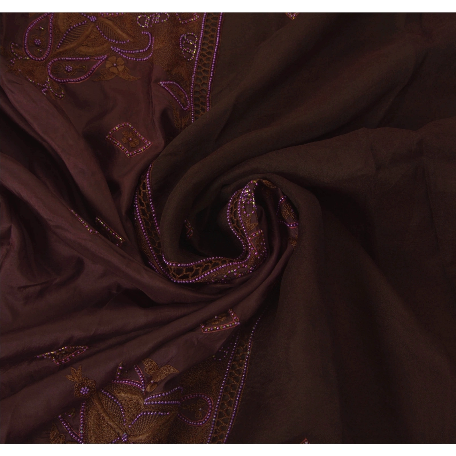 Sanskriti Vintage Brown Sarees Organza Craft 5Yd Fabric Hand Beaded Premium Sari, PS-52437-Brown-Thread/Beads Work-Organza-6