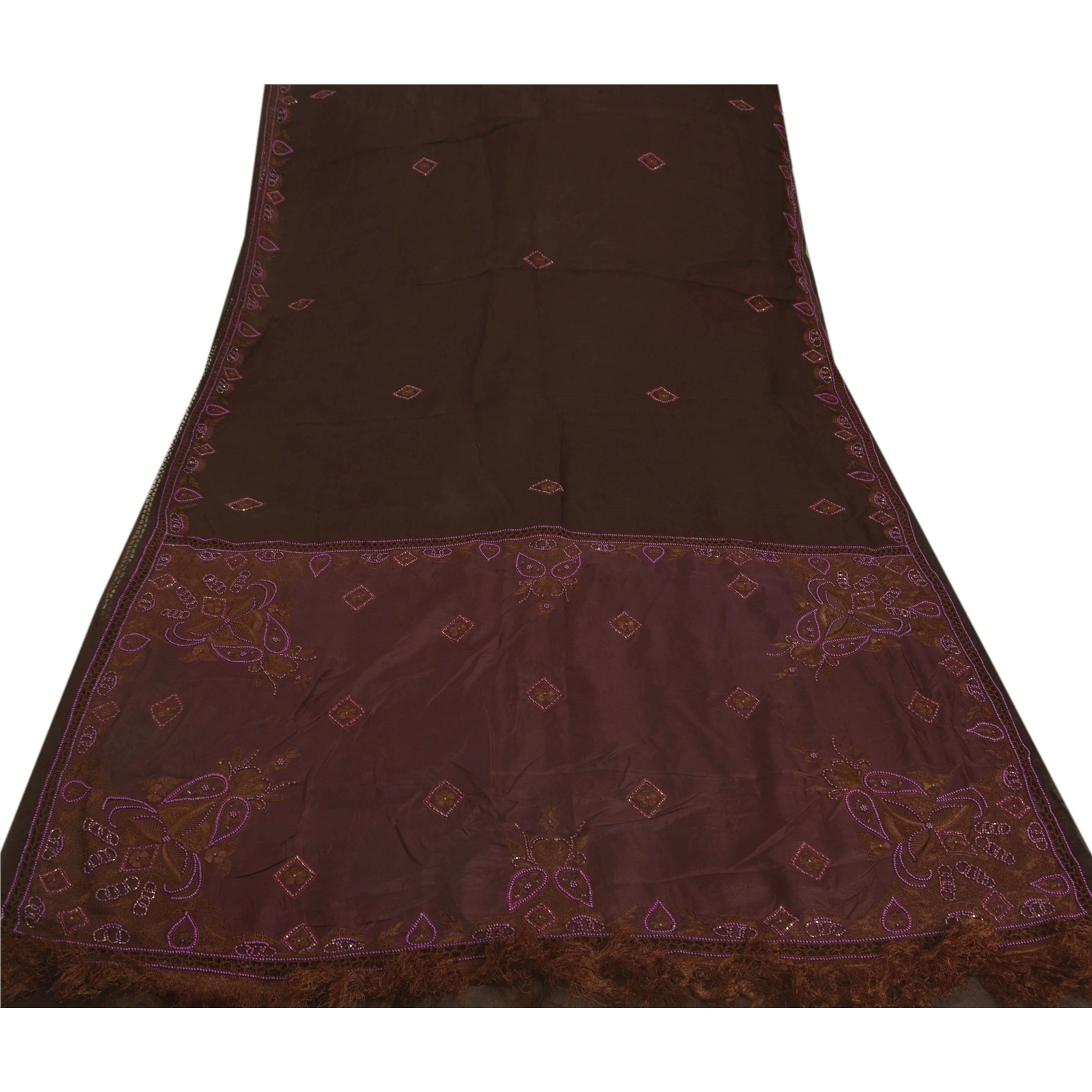 Sanskriti Vintage Brown Sarees Organza Craft 5Yd Fabric Hand Beaded Premium Sari, PS-52437-Brown-Thread/Beads Work-Organza-7