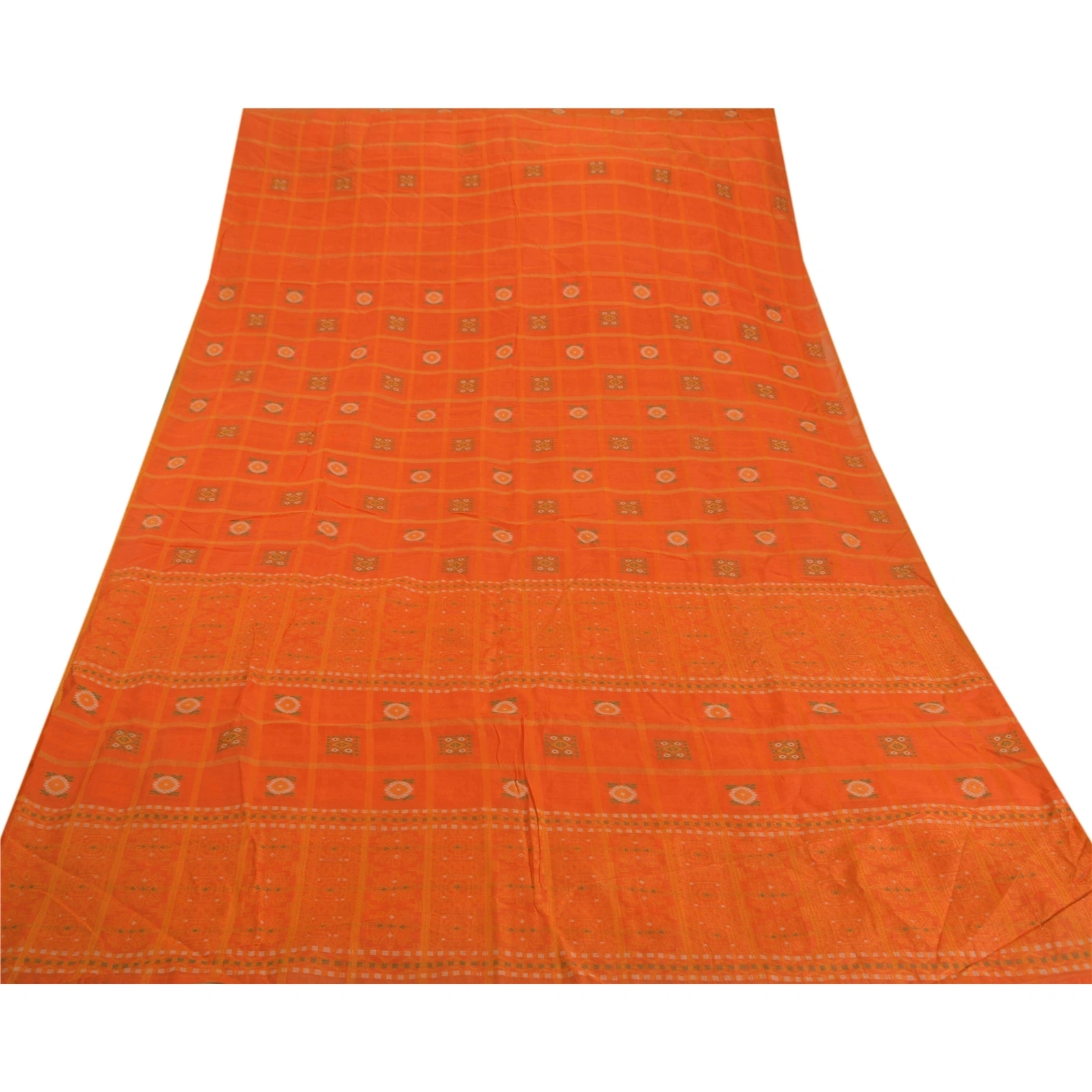 Sanskriti Vintage Orange Sarees Blend Cotton Woven Craft 5 Yd Soft Fabric Sari, PS-52469-Orange-Woven Work-Blend Cotton-7