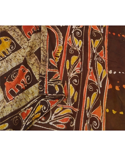 Sanskriti Vintage Cream Indian Sari Pure Cotton Batik Work Craft Fabric Sarees, PS-52481-Cream-Batik Work-100% Pure Cotton-1