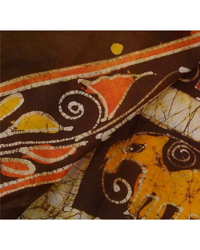 Sanskriti Vintage Cream Indian Sari Pure Cotton Batik Work Craft Fabric Sarees, PS-52481-Cream-Batik Work-100% Pure Cotton-3