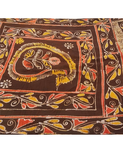 Sanskriti Vintage Cream Indian Sari Pure Cotton Batik Work Craft Fabric Sarees, PS-52481-Cream-Batik Work-100% Pure Cotton-5