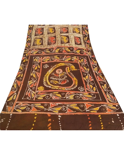 Sanskriti Vintage Cream Indian Sari Pure Cotton Batik Work Craft Fabric Sarees, PS-52481-Cream-Batik Work-100% Pure Cotton-7