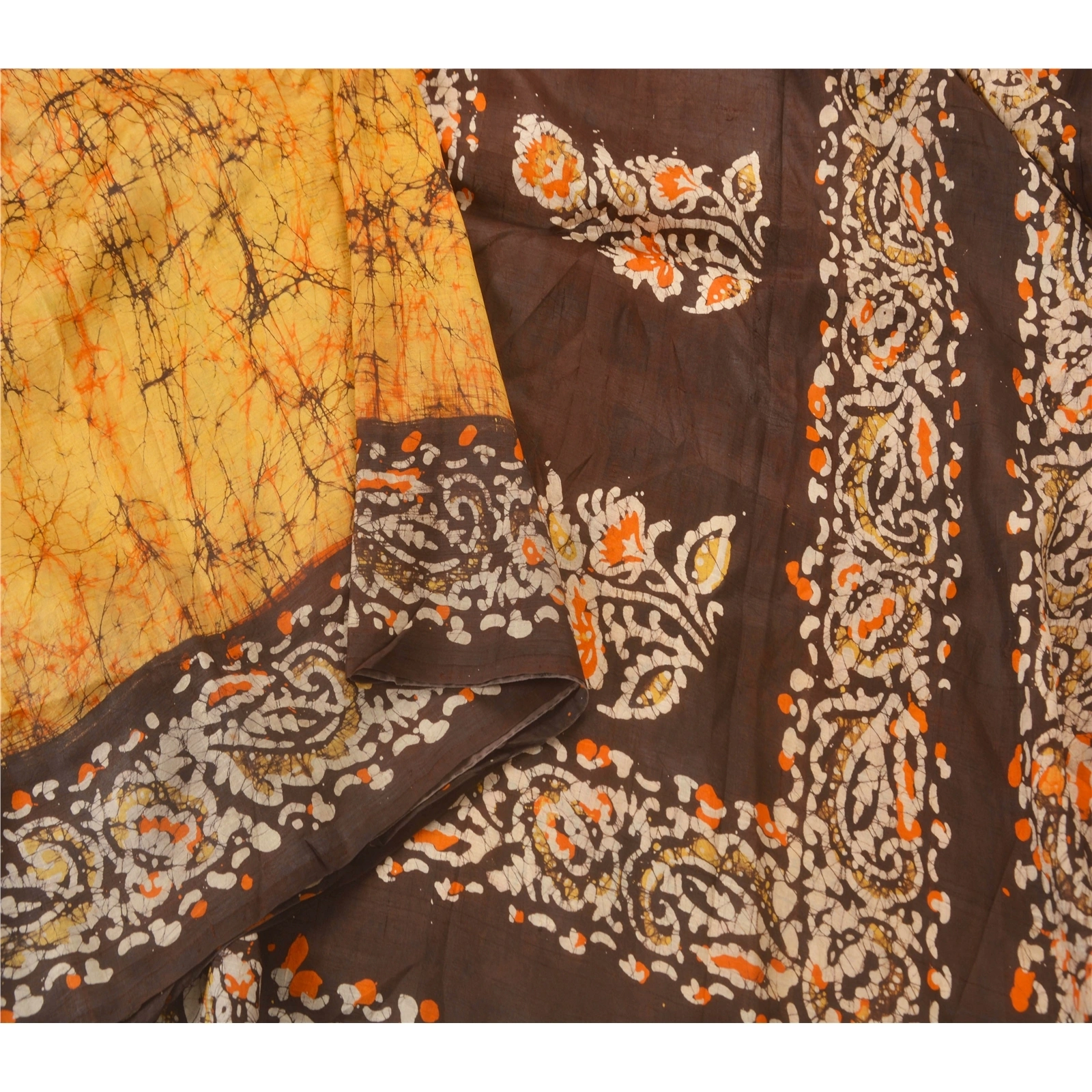 Sanskriti Vintage Orange Sarees Pure Silk Batik Work Craft 5 Yd Soft Fabric Sari, PS-52514-Orange-Batik Work-100% Pure Silk-1