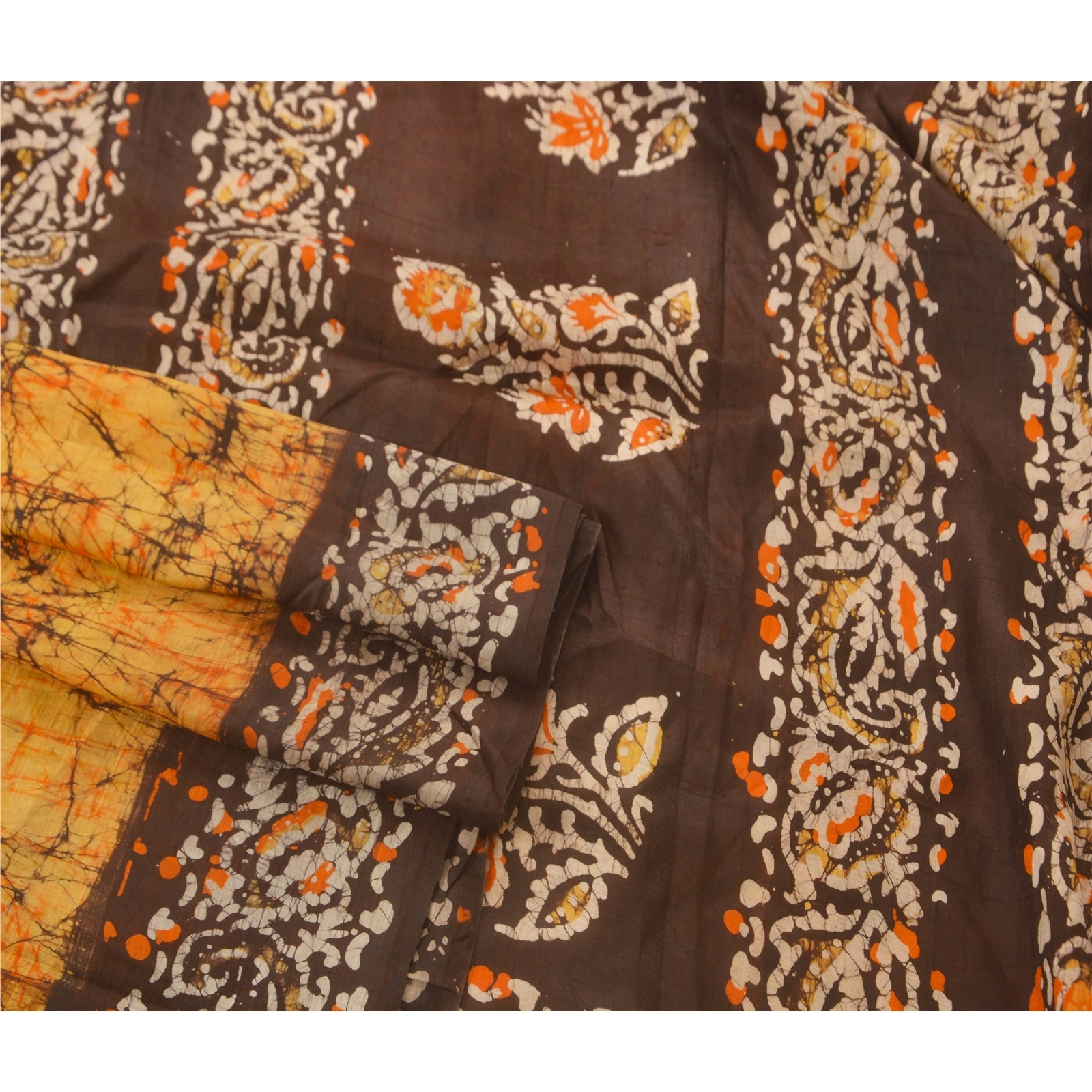 Sanskriti Vintage Orange Sarees Pure Silk Batik Work Craft 5 Yd Soft Fabric Sari, PS-52514-Orange-Batik Work-100% Pure Silk-2