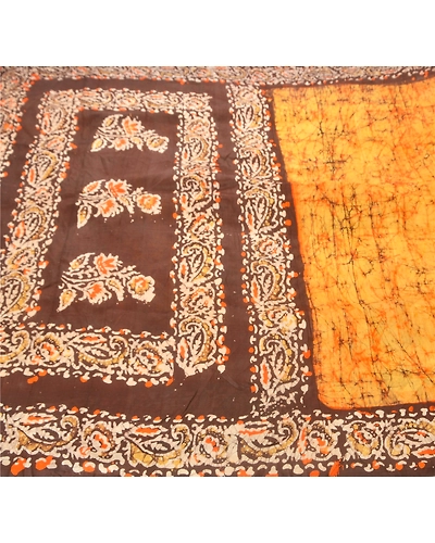 Sanskriti Vintage Orange Sarees Pure Silk Batik Work Craft 5 Yd Soft Fabric Sari, PS-52514-Orange-Batik Work-100% Pure Silk-5