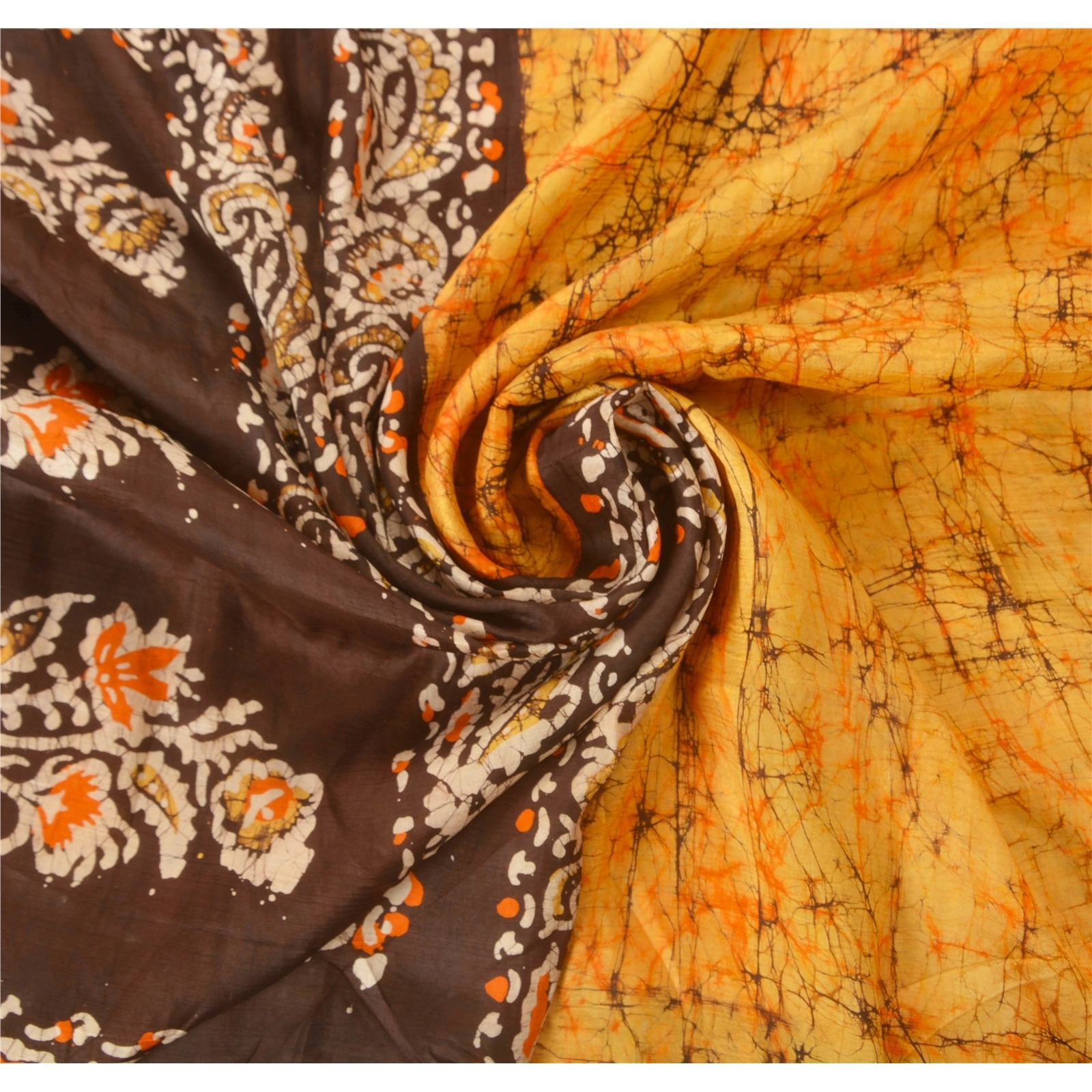 Sanskriti Vintage Orange Sarees Pure Silk Batik Work Craft 5 Yd Soft Fabric Sari, PS-52514-Orange-Batik Work-100% Pure Silk-6