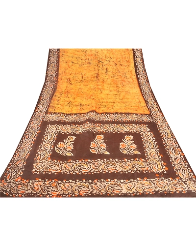 Sanskriti Vintage Orange Sarees Pure Silk Batik Work Craft 5 Yd Soft Fabric Sari, PS-52514-Orange-Batik Work-100% Pure Silk-7