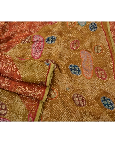 Sanskriti Vintage Orange Sarees Pure Georgette Silk Embroidered 5 Yd Fabric Sari, PS-52569-Orange-Patch Work-100% Pure Georgette Silk-2