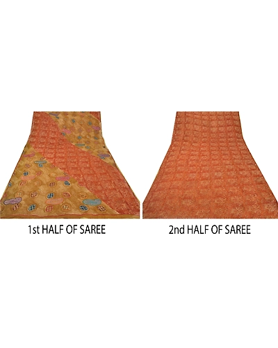 Sanskriti Vintage Orange Sarees Pure Georgette Silk Embroidered 5 Yd Fabric Sari, PS-52569-Orange-Patch Work-100% Pure Georgette Silk-4