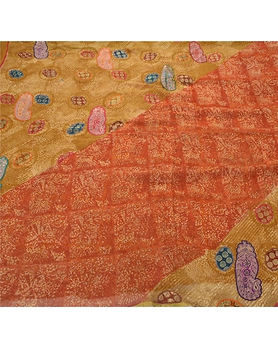 Sanskriti Vintage Orange Sarees Pure Georgette Silk Embroidered 5 Yd Fabric Sari, PS-52569-Orange-Patch Work-100% Pure Georgette Silk-5