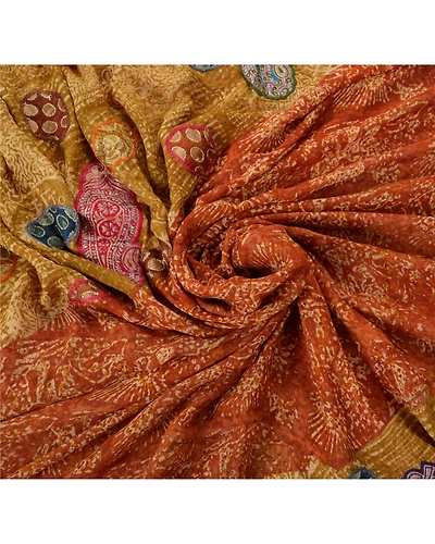 Sanskriti Vintage Orange Sarees Pure Georgette Silk Embroidered 5 Yd Fabric Sari, PS-52569-Orange-Patch Work-100% Pure Georgette Silk-6