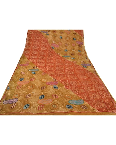 Sanskriti Vintage Orange Sarees Pure Georgette Silk Embroidered 5 Yd Fabric Sari, PS-52569-Orange-Patch Work-100% Pure Georgette Silk-7
