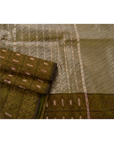 Sanskriti Vintage Green Sarees Blend Silk Woven Craft 5 Yd Fabric Premium Sari, PS-52595-Green-Woven Work-Blend Silk-2