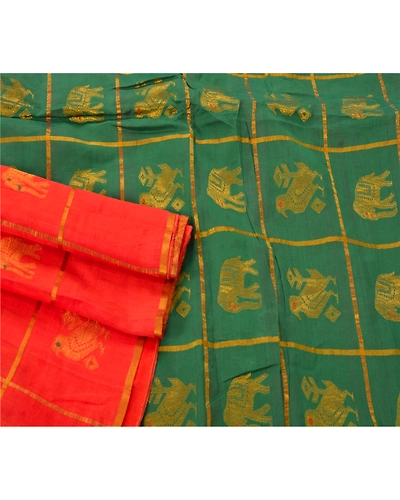 Sanskriti Vintage Orange Sarees Blend Cotton Zari Woven Fabric 5Yd Premium Sari, PS-52668-Orange-Zari Woven Work-Blend Cotton-2