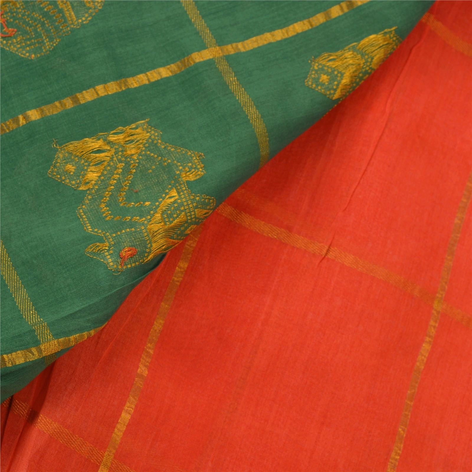 Sanskriti Vintage Orange Sarees Blend Cotton Zari Woven Fabric 5Yd Premium Sari, PS-52668-Orange-Zari Woven Work-Blend Cotton-3