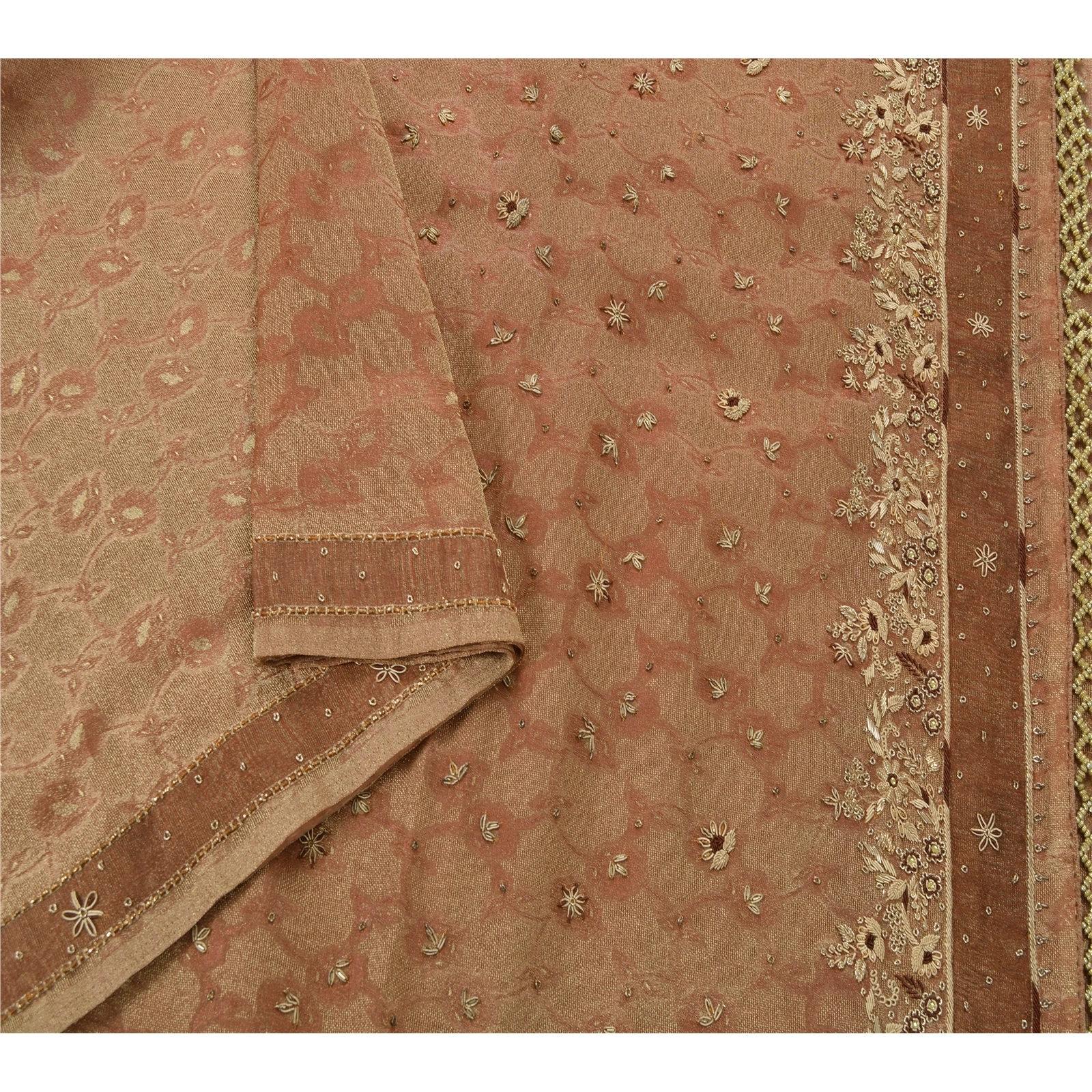 Sanskriti Vintage Brown Sarees Tissue Hand Beaded Craft Fabric Cultural Sari, PS-52672-Brown-Zardozi/Dabka Work-Tissue-1