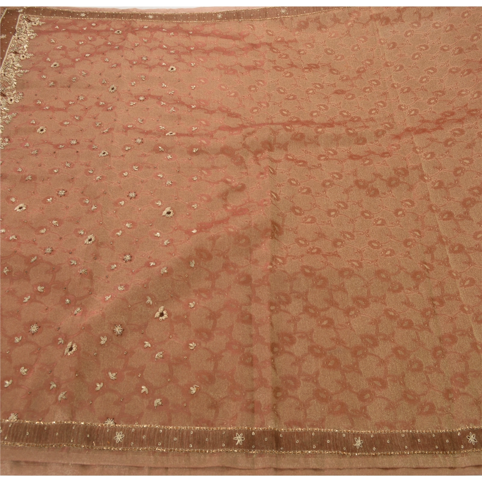 Sanskriti Vintage Brown Sarees Tissue Hand Beaded Craft Fabric Cultural Sari, PS-52672-Brown-Zardozi/Dabka Work-Tissue-5