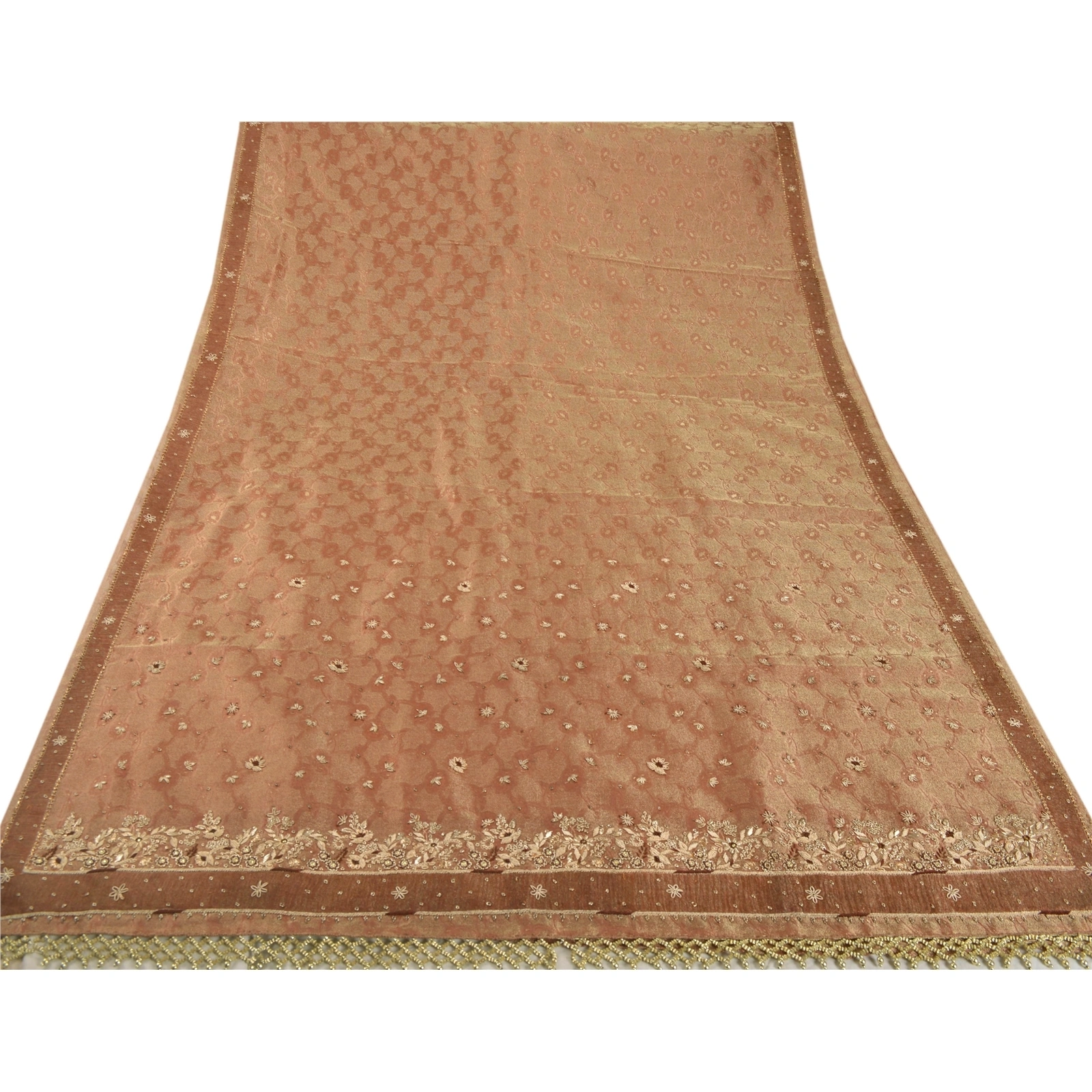 Sanskriti Vintage Brown Sarees Tissue Hand Beaded Craft Fabric Cultural Sari, PS-52672-Brown-Zardozi/Dabka Work-Tissue-7