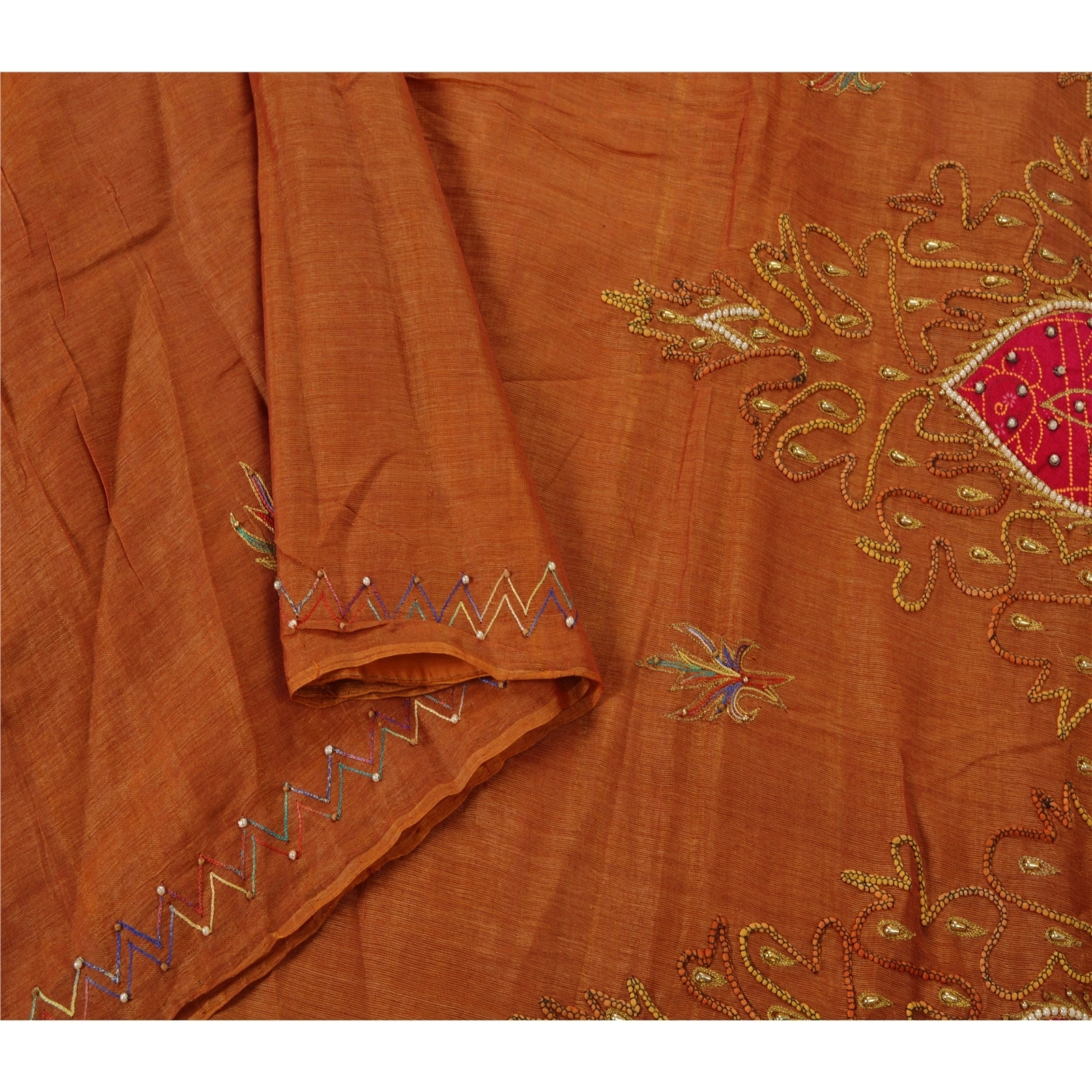 Sanskriti Vintage Brown Sarees Blend Cotton Hand Beaded Craft 5 Yd Fabric Sari, PS-52762-Brown-Zari/Beads Work-Blend Cotton-1