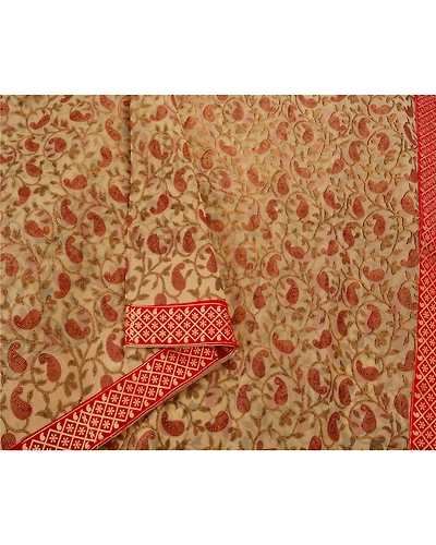 Sanskriti Vintage Cream Indian Sari Art Silk Painted Craft 5 Yd Fabric Sarees, PS-52890-Cream-Painted Work-Art Silk-1