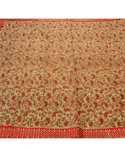 Sanskriti Vintage Cream Indian Sari Art Silk Painted Craft 5 Yd Fabric Sarees, PS-52890-Cream-Painted Work-Art Silk-5