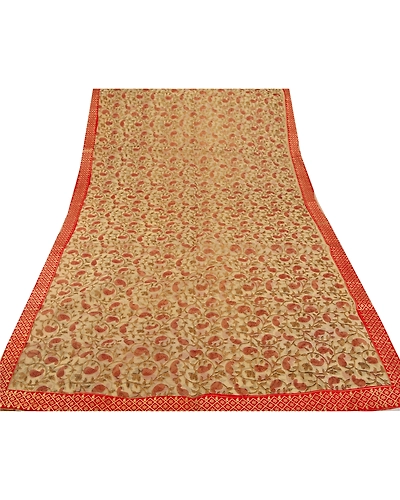 Sanskriti Vintage Cream Indian Sari Art Silk Painted Craft 5 Yd Fabric Sarees, PS-52890-Cream-Painted Work-Art Silk-7